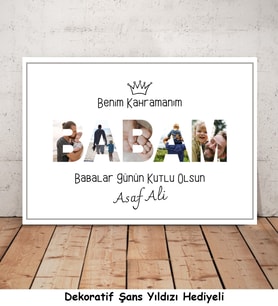 Babalar Günü Benim Kahramanım Babam 5 Fotoğraflı, İsimli Kişiye Özel, Şans Yıldızlı Poster Çerçevesiz