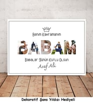 Babalar Günü Benim Kahramanım Babam 5 Fotoğraflı, İsimli Kişiye Özel, Şans Yıldızlı Poster Çerçevesiz