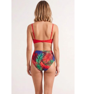 Kadın Balconette Bikini Takımı Drapeli Sabit Kap Balenli İnce Askılı Yüksek Bel Tropikal Desenli