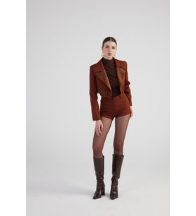 Yakası Saten Detaylı Camila Crop Blazer Ceket Kahve