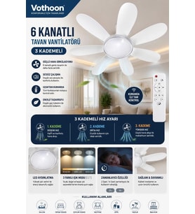 6 Kanatlı 3 Kademeli Led Aydınlatmalı Uzaktan Kumandalı Tavan Vantilatörü