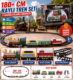 180 CM Raylı Oyuncak Tren Seti 3 Vagonlu Klasik Lokomotif 9 Parça Demiryolu Oyun Seti