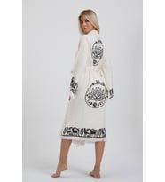 Hitit Müslin Kimono %100 Pamuklu Lotus Baskılı Desenli Bornoz Kaftan Sabahlık (Ekru)