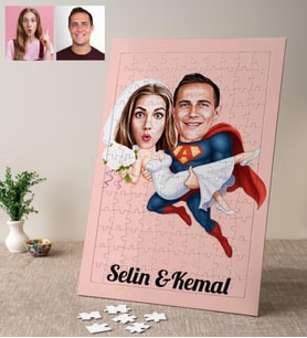Süper Adam ve Gelin Karikatürlü Kişiye Özel Puzzle