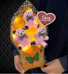 Led Işıklı Seni Seviyorum Pembe Ayıcıklı Büyük Boy Peluş Ayıcık Buketi (Model 2)