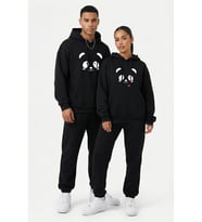 Nevermind Unisex Sevgili Çift Kombini Oversize Panda Baskılı Çift Hoodie (Siyah)