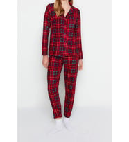 Tarz Rahat Uzun Kollu Boru Paça Ekoseli Yumuşak Hissiyatlı Fırçalı Kumaş Uyku Bantlı Pijama Takımı (Kırmızı)