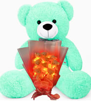 Premium 90 cm Peluş Ayı ve LED Işıklı 9'lu Kırmızı Yumoş Peluş Ayıcık Buketi (Turkuaz)