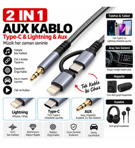 HADRON GJ027 Type-C Lightning 3.5 mm Aux Ses Kablosu Siyah Gri