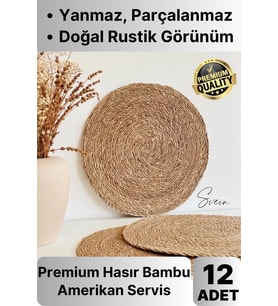12li Premium Yuvarlak Hasır Bambu Amerikan Servis Örme Supla Sofra Yemek Masası Yanmaz Tabak Altlığı