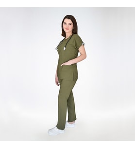 Unisex Haki Esnek Likralı Doktor Hemşire  Scrubs Üniforma Takım
