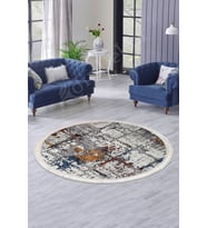 Dijidekor Halı Multi Cool KY7005 Saçaklı Yuvarlak Kesme İnce Yolluk Kilim Salon Halısı Modelleri (Mavi)