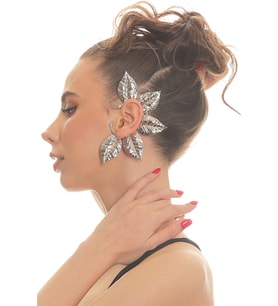 Kadın Gümüş Renk Lak Kaplama Zirkon Taşlı Dokulu Yaprak Stilizesi Sol Kulak Earcuff&Kıkırdak Küpe