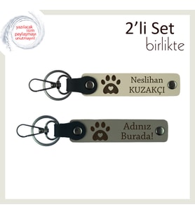 Kalpli Pati Motifli Deri Anahtarlık Seti, Kedi Sahiplerine Anlamlı Hatıra, Sütlü Kahve-Kül Gri