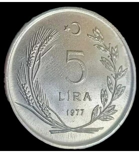 Madeni 5 lira 1977 yılı koleksiyon para