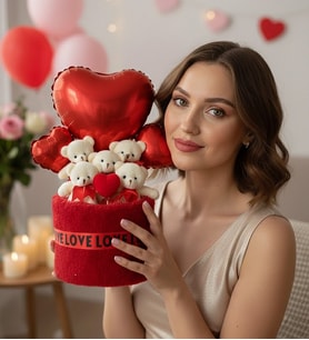 Romantik Kırmızı Peluş Kutuda 5’li Ayıcık Buketi Büyük Kırmızı Kalp ve Çift Yan Kalp Balon Detaylı Anneler Günü Hediyesi Kıza Hediye