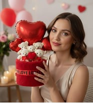 Romantik Kırmızı Peluş Kutuda 5’li Ayıcık Buketi Büyük Kırmızı Kalp ve Çift Yan Kalp Balon Detaylı Anneler Günü Hediyesi Kıza Hediye