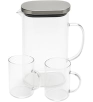 Borosilikat 1800 ml Cam Sürahi ve 2'li Bardak Seti Paslanmaz Çelik Kapaklı