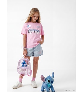 LCW Kids Pembe Stitch Baskılı Kız Çocuk Tişört