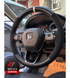 Honda Civic FE Dikme Direksiyon Kılıfı Alcantara Süet Mat Karbon Bej Yüzük ve Dikiş 2021-2026