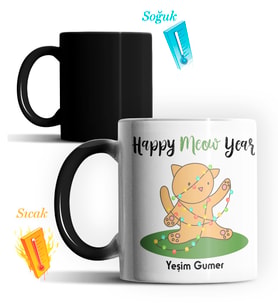 Kişiye Özel Happy Meow Year Kedi Tasarımlı Sihirli Kupa (Siyah - Beyaz)
