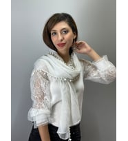 BEYAZ PONPONLU TÜL KADIN FULAR 170X60 CM