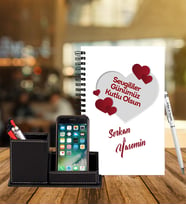Sevgililer Gününe Özel Ahşap Defter Kalem & Deri Kaplama Kalemlik Hediye Seti 5