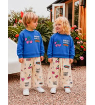 Cherry Wheels Kaykay & Kiraz Baskılı Mavi Sweatshirt Krem Desenli Eşofman Altı Unisex İkili Takım