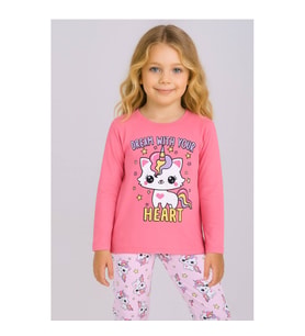 Kız Çocuk Baskılı Uzun Kollu %100 Pamuklu Pijama Takımı  2/5 Yaş (Nar Çiçeği)