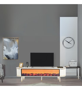 Talia Şömineli Tv Sehpası Beyaz Gold Mebran Kapaklı Bluetooth Hoparlörlü 7 Renk Efektli 180x40x50 Cm