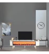 Talia Şömineli Tv Sehpası Beyaz Gold Mebran Kapaklı Bluetooth Hoparlörlü 7 Renk Efektli 180x40x50 Cm