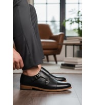 Enoch Erkek Siyah Hakiki Deri Klasik Ayakkabı Çift Tokalı Monk Strap Tasarımlı Ve Mikro Dokulu Panelli Model