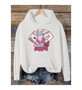 Unisex Card Desen Baskılı Oversize Baskılı Kapşonlu Sweatshirt 3 Iplik (Beyaz)