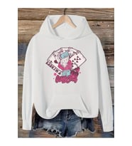 Unisex Card Desen Baskılı Oversize Baskılı Kapşonlu Sweatshirt 3 Iplik (Beyaz)