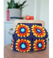 Handmade Ahşap Burslu El Çantaları ,Örgü Çiçekli Portföy Çantalar, El Yapımı Çiçekli Düğün Çantası (Mor)