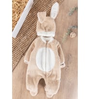 Tavşan Şapkalı Kuzu Welsoft Kız/Erkek Bebek Kışlık Tulum  (Bej)