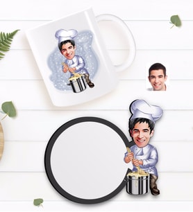 BK Gift Kişiye Özel Erkek Aşçı Karikatürlü Beyaz Kupa ve Ahşap Bardak Altlığı Hediye Seti-1