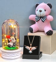 Renkli Anka Kuşu Kolye, Peluş Anahtarlık ve Led Işıklı Fanus Premium Hediye Seti (Model 4)