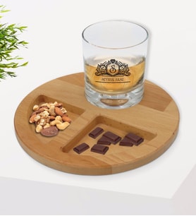 BK Gift Kişiye Özel İsimli Viski Bardağı ve Doğal Masif Ahşap Yuvarlak Sunum Tabağı Çerezlik Hediye Seti-13