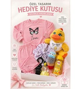 Kişiye Özel İsim Baskılı Bebek Hediye Kutusu – Sarı Peluş Ördekli Yenidoğan