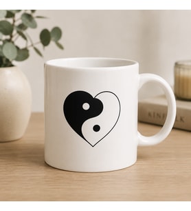Kalp Ying Yang Baskılı Beyaz Kupa Bardak  Minimal Estetik Seramik Kahve Kupası  Modern Tasarım Hediye Kupa