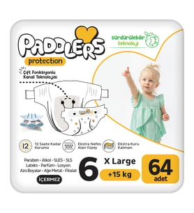 Paddlers Protection Bebek Bezi 6 Numara X-Large (15+ Kg) 64 Adet – 2’li Jumbo Set, Maksimum Koruma