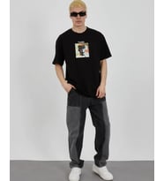 pilelistore- Unisex Bisiklet Yaka Baskılı Oversize T-Shirt - Siyah