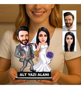 Kişiye Özel 2 Kişilik Gelin Damat Düğün Konseptli Sevgili Karikatürlü 18 cm MDF Masaüstü Biblo - Sevgiliye ve Eşe Hediye Çiftlere Özel Hediye