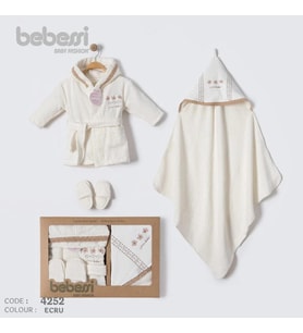 Bebessi %100 Pamuk Otantik Desenli Bornoz Set Ekru BBS.4252.EKR