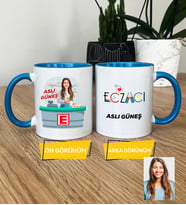 Kişiye Özel Karikatürlü Eczacı Hediye Kupa Bardak Kadın Eczacıya Tıp Bayramı Hediyesi (Mavi)