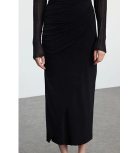 Modern Tarz Astarsız Örme Maxi Boy Büzgü Drape Detaylı Maxi Anvelop Esnek Etek (Siyah)
