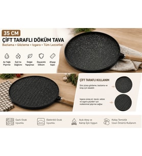 35 cm Döküm Gözleme Tası Çift Taraflı Bazlama Izgara Tası Ahşap Saplı Yapışmaz