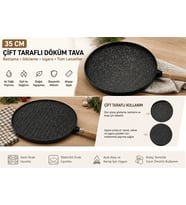 35 cm Döküm Gözleme Tası Çift Taraflı Bazlama Izgara Tası Ahşap Saplı Yapışmaz