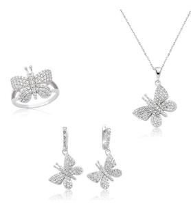 Kelebek Zirkon Taşlı 925 Ayar Gümüş Kadın Set